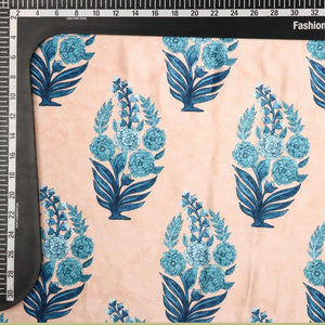 Light Peach And Blue Floral Pattern Digital Print Silk Crepe Fabric