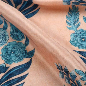 Light Peach And Blue Floral Pattern Digital Print Silk Crepe Fabric