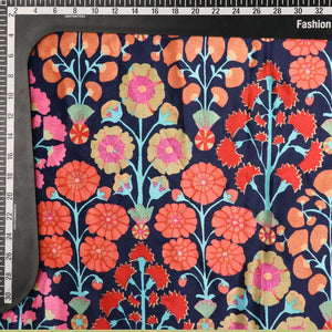 Dark Blue And Peach Floral Pattern Digital Print Silk Crepe Fabric