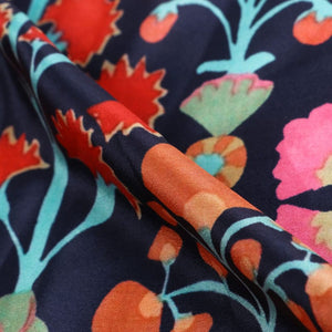 Dark Blue And Peach Floral Pattern Digital Print Silk Crepe Fabric