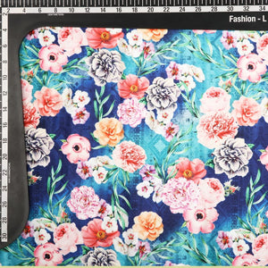 Blue And Pink Floral Pattern Digital Print Silk Crepe Fabric