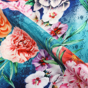 Blue And Pink Floral Pattern Digital Print Silk Crepe Fabric