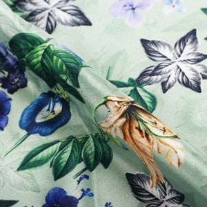 Green And Blue Floral Pattern Digital Print Silk Crepe Fabric