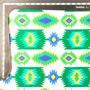 Parrot Green And Blue Geometric Pattern Digital Print Silk Satin Fabric