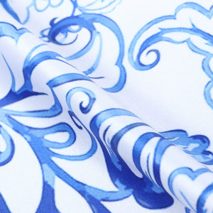 White And Blue Floral Pattern Digital Print Silk Satin Fabric