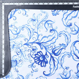 White And Blue Floral Pattern Digital Print Silk Satin Fabric