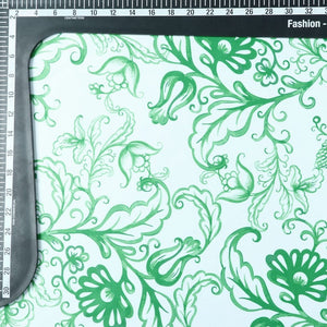 White And Green Floral Pattern Digital Print Silk Satin Fabric