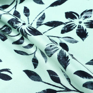 Light Sea Green And Black Floral Pattern Digital Print Silk Satin Fabric