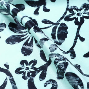 Light Sea Green And Black Floral Pattern Digital Print Silk Satin Fabric