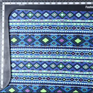 Blue And Neon Green Ethnic Pattern Digital Print Silk Satin Fabric