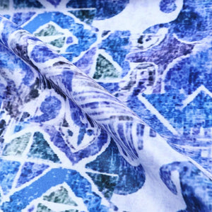 Blue And White Abstract Pattern Digital Print Silk Satin Fabric