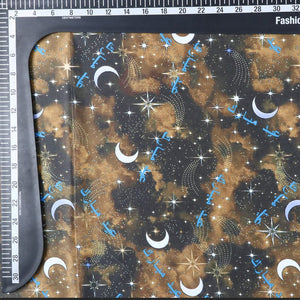 Golden Yellow And Brown Galaxy Pattern Digital Print Silk Satin Fabric