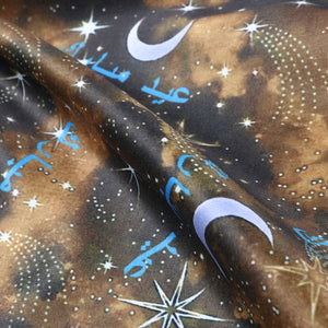 Golden Yellow And Brown Galaxy Pattern Digital Print Silk Satin Fabric