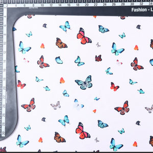 Turquoise And Orange Butterfly Pattern Digital Print Silk Satin Fabric