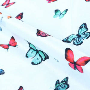 Sky Blue And Red Butterfly Pattern Digital Print Silk Satin Fabric