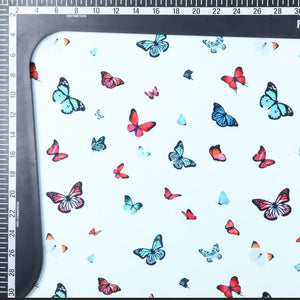 Sky Blue And Red Butterfly Pattern Digital Print Silk Satin Fabric