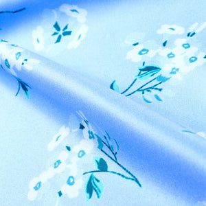 Sky Blue And White Floral Pattern Digital Print Silk Satin Fabric