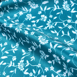 Turquoise And White Floral Pattern Digital Print Silk Satin Fabric