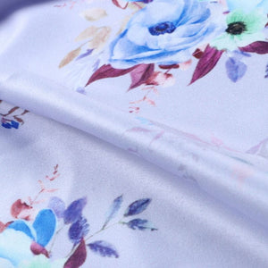 Lavender And Blue Floral Pattern Digital Print Silk Satin Fabric