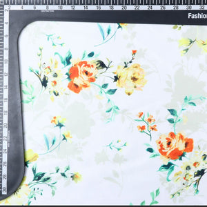 White And Orange Floral Pattern Digital Print Silk Satin Fabric