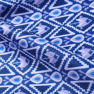 Blue And Ivory Ethnic Pattern Digital Print Silk Satin Fabric