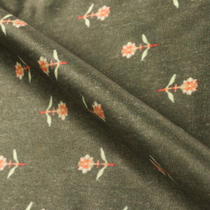 Olive Green And Red Floral Pattern Digital Print Silk Satin Fabric