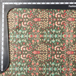 Olive Green And Red Floral Pattern Digital Print Silk Satin Fabric