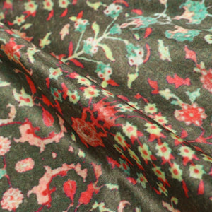 Olive Green And Red Floral Pattern Digital Print Silk Satin Fabric