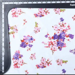 White And Lavender Floral Pattern Digital Print Silk Satin Fabric