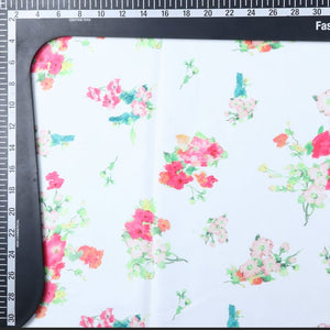 White And Pinkish Red Floral Pattern Digital Print Silk Satin Fabric