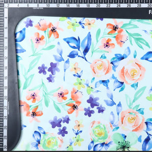 Blue And Peach Floral Pattern Digital Print Silk Satin Fabric