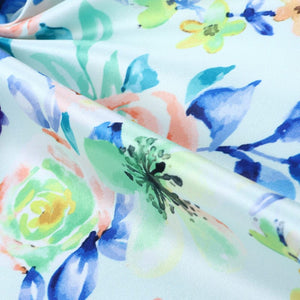 Blue And Peach Floral Pattern Digital Print Silk Satin Fabric