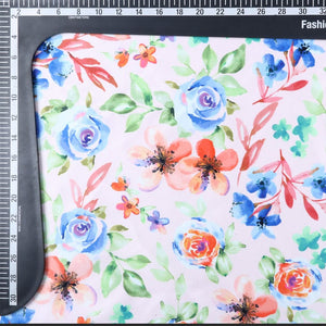 Peach And Blue Floral Pattern Digital Print Silk Satin Fabric