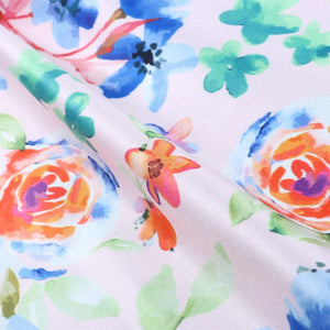 Peach And Blue Floral Pattern Digital Print Silk Satin Fabric