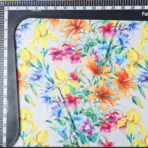 Yellow And Blue Floral Pattern Digital Print Silk Satin Fabric