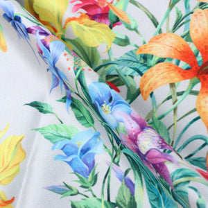 Yellow And Blue Floral Pattern Digital Print Silk Satin Fabric