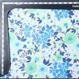 Blue And Neon Green Floral Pattern Digital Print Silk Satin Fabric