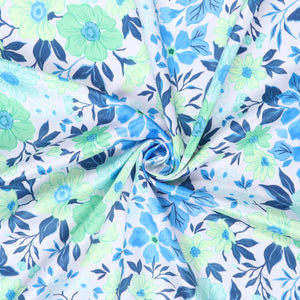 Blue And Neon Green Floral Pattern Digital Print Silk Satin Fabric