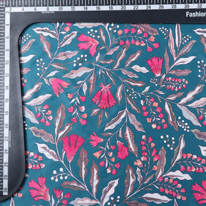 Greyish Blue And Pink Floral Pattern Digital Print Silk Satin Fabric