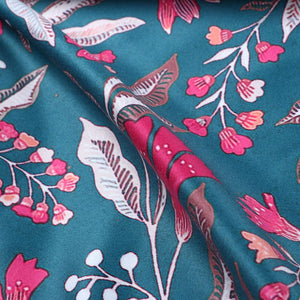 Greyish Blue And Pink Floral Pattern Digital Print Silk Satin Fabric