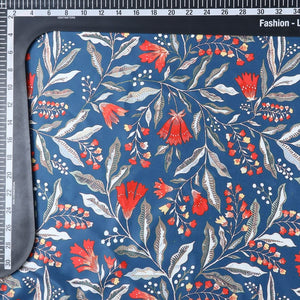 Steel Blue And Orange Floral Pattern Digital Print Silk Satin Fabric