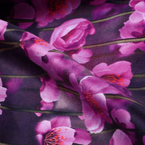 Purple Pink And Dark Grey Floral Pattern Digital Print Silk Satin Fabric