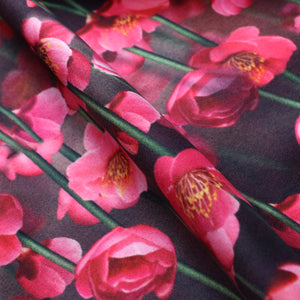 Pink And Dark Grey Floral Pattern Digital Print Silk Satin Fabric