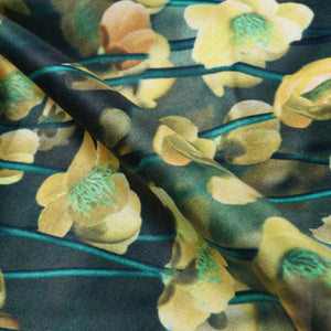 Yellow And Dark Grey Floral Pattern Digital Print Silk Satin Fabric