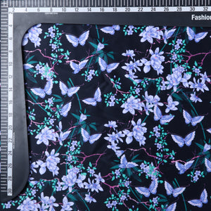 Sky Blue And Turquoise Butterfly Pattern Digital Print Silk Satin Fabric