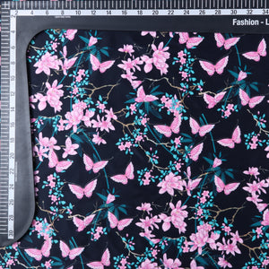 Pink And Turquoise Butterfly Pattern Digital Print Silk Satin Fabric