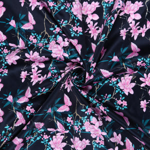 Pink And Turquoise Butterfly Pattern Digital Print Silk Satin Fabric
