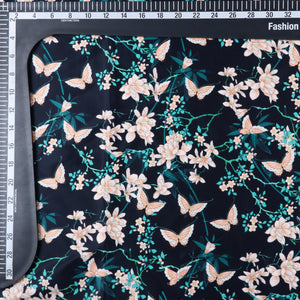 Peach And Turquoise Butterfly Pattern Digital Print Silk Satin Fabric