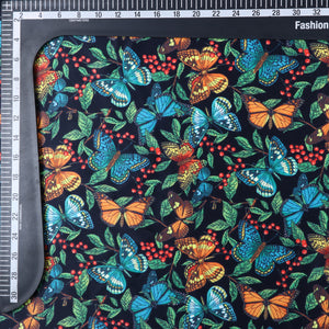 Blue And Orange Butterfly Pattern Digital Print Silk Satin Fabric