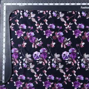 Purple And Black Floral Pattern Digital Print Silk Satin Fabric